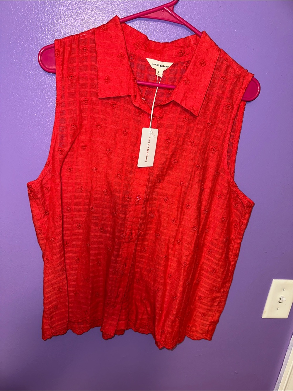 Lucky Brand Red Sleeveless Button-Up Collared Blouse